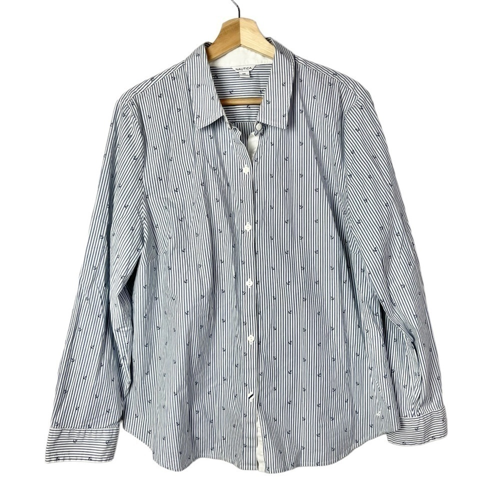 Nautica Blue & White Stripe Anchor Print Long Sleeve Button Down XXL